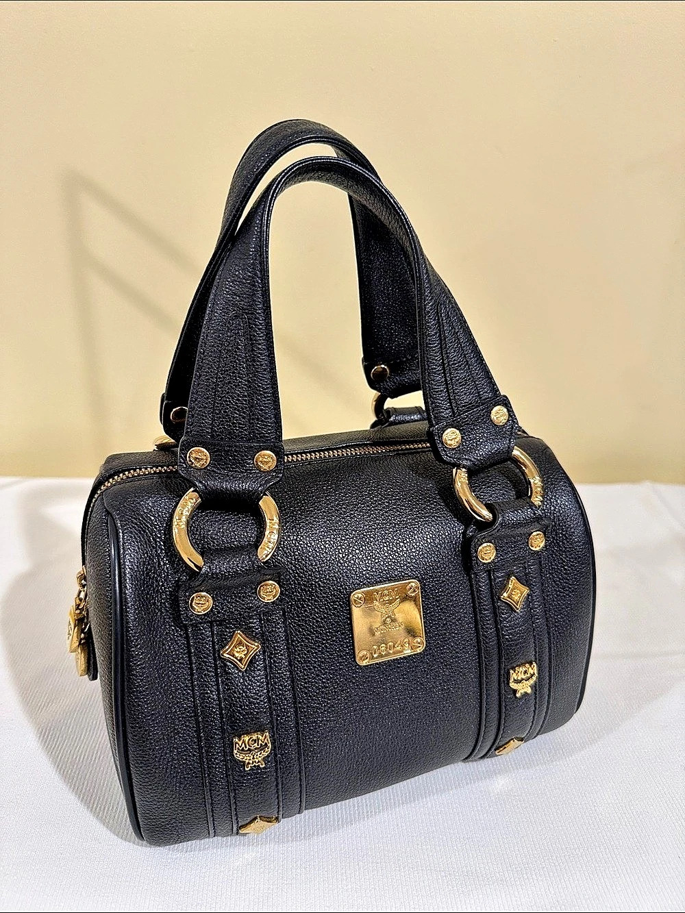 MCM Black Pebbled Leather Mini Boston MCM Satchel Top Handle Zip Gold HW Pockets